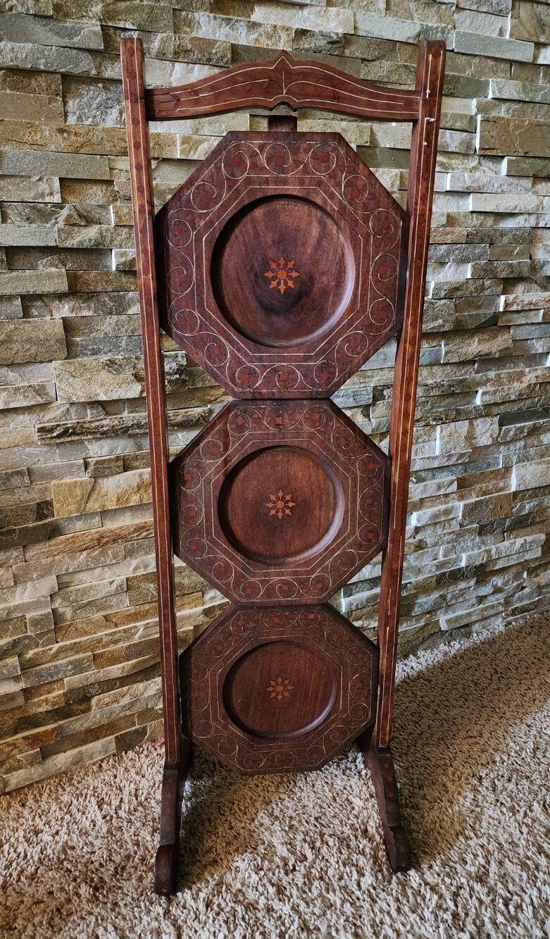 Antique Hardwood & Mother Of Pearl Inlaid Cake Stand Plant 3 Tier Folding